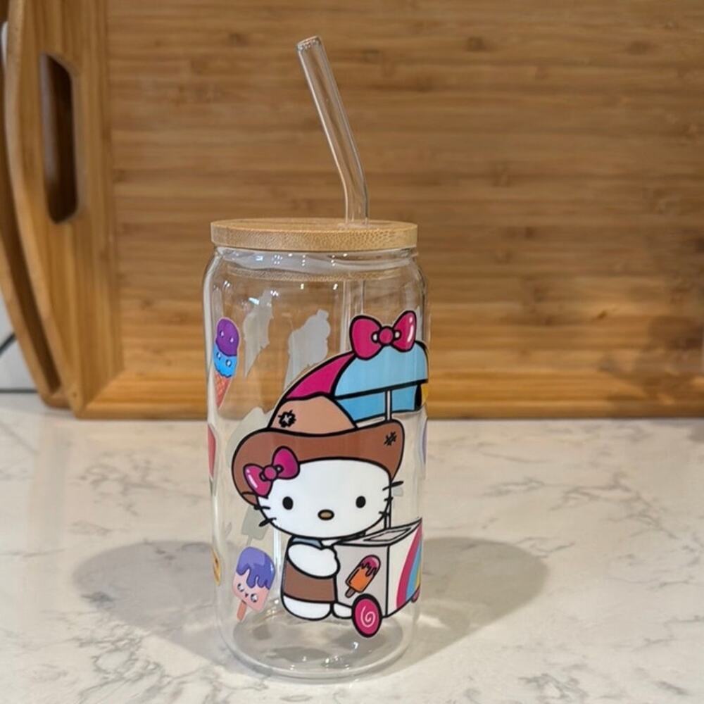 Hello Kitty elotero glass cup with glass straw coffee water Mexican drink